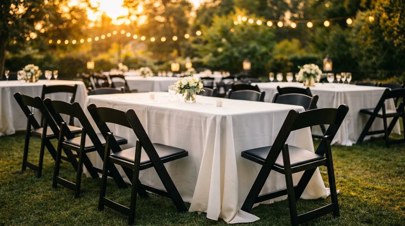 Folding and resin chair rentals set up for an event
