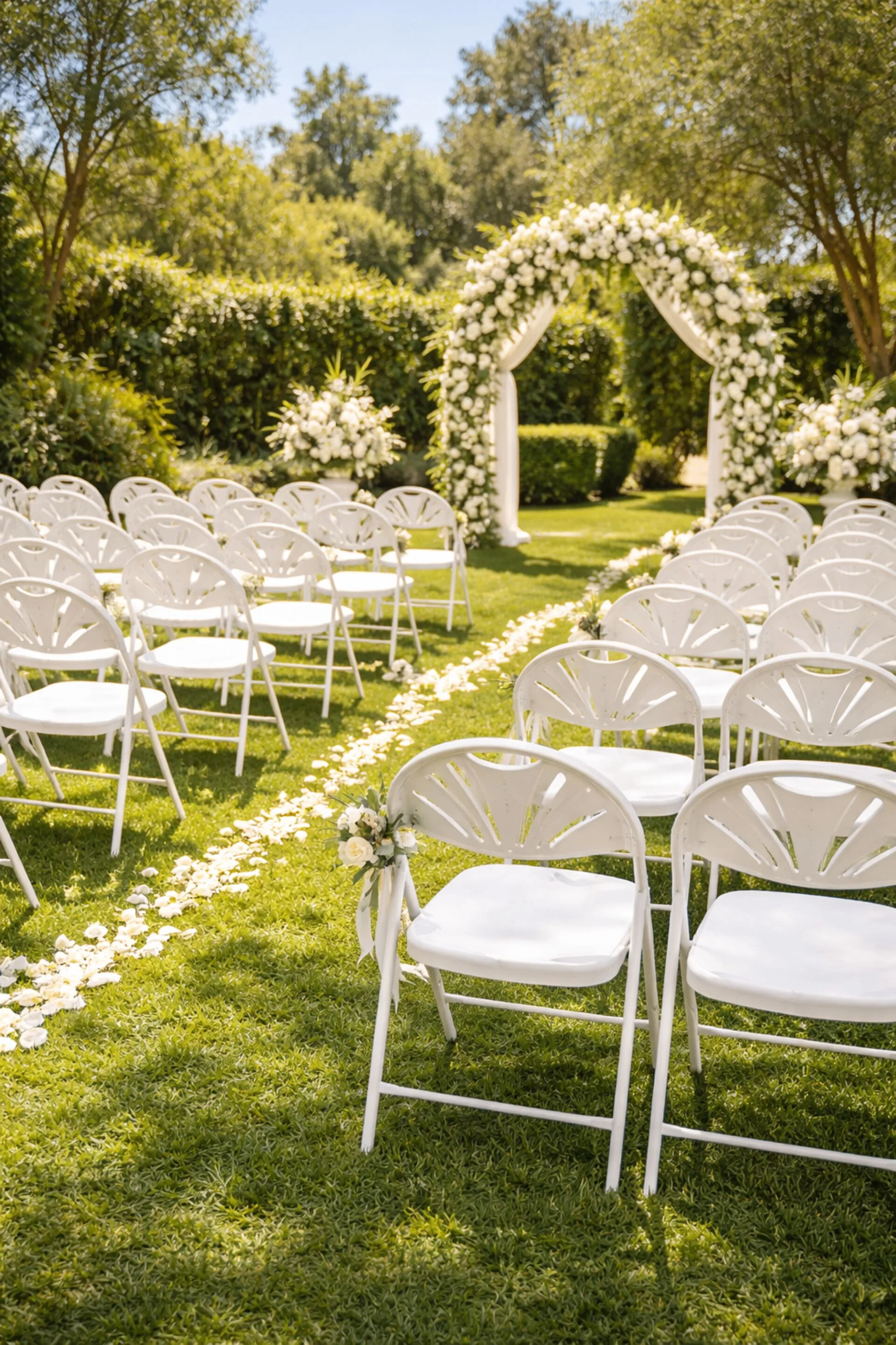Elegant outdoor wedding ceremony setup with white chairs and floral arch by Regis Event Rentals in Hamilton